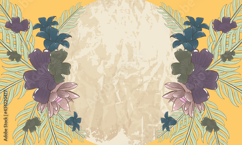 Botanical badge with flowers and a grunge texture