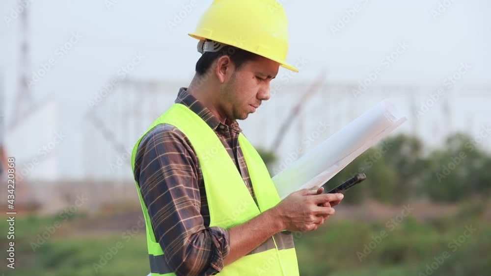 asian construction worker using smartphone texting message at construction site asian construction worker using smartphone texting message at construction site