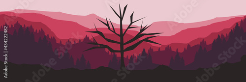 mountain forest landscape with a dead tree silhouette flat design vector illustration for wallpaper and background template