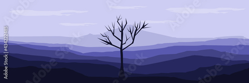 landscape flat design of dead tree in the mountain background vector illustration for wallpaper and background template