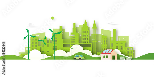 Alternative energy and Ecology concept.Electric Car and Green eco city background.Environment conservation resource sustainable.