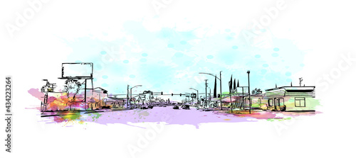 Building view with landmark of Fontana is the 
city in California. Watercolor splash with hand drawn sketch illustration in vector.