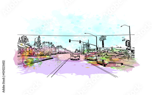 Building view with landmark of Fontana is the 
city in California. Watercolor splash with hand drawn sketch illustration in vector.
