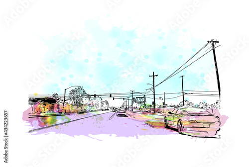 Building view with landmark of Fontana is the 
city in California. Watercolor splash with hand drawn sketch illustration in vector.