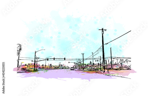 Building view with landmark of Fontana is the 
city in California. Watercolor splash with hand drawn sketch illustration in vector.