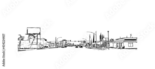 Building view with landmark of Fontana is the 
city in California. Hand drawn sketch illustration in vector.