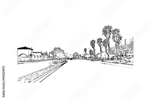 Building view with landmark of Fontana is the 
city in California. Hand drawn sketch illustration in vector.