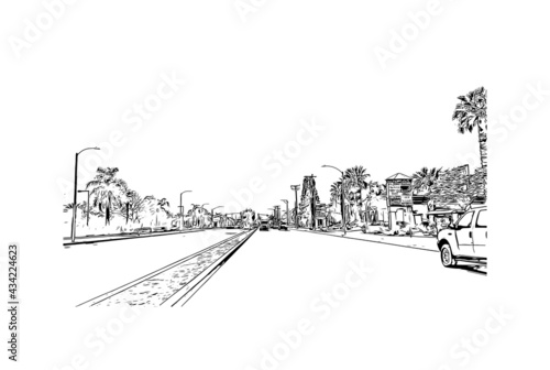 Building view with landmark of Fontana is the 
city in California. Hand drawn sketch illustration in vector.