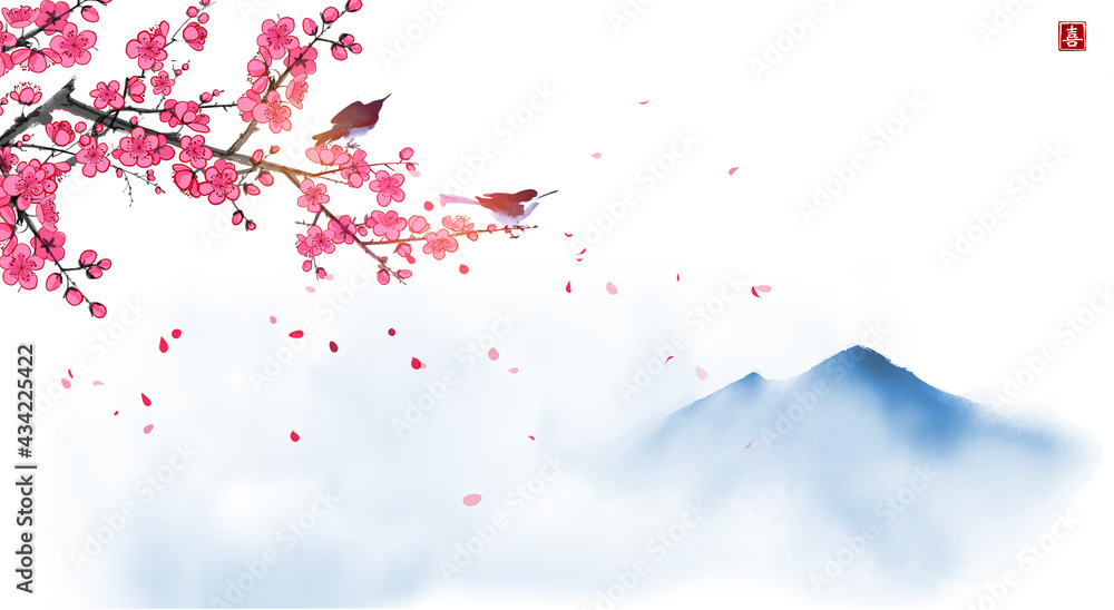 Two birds on blossoming sakura tree branch and far blue mountains. Traditional oriental ink painting sumi-e, u-sin, go-hua. Hieroglyph - joy
