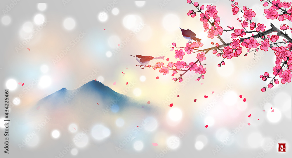 Two birds on blossoming sakura tree branch and far blue mountains. Traditional oriental ink painting sumi-e, u-sin, go-hua. Hieroglyph - joy Two birds on blossoming sakura tree branch and far blue mountains. Traditional oriental ink painting sumi-e, u-sin, go-hua. Hieroglyph - joy