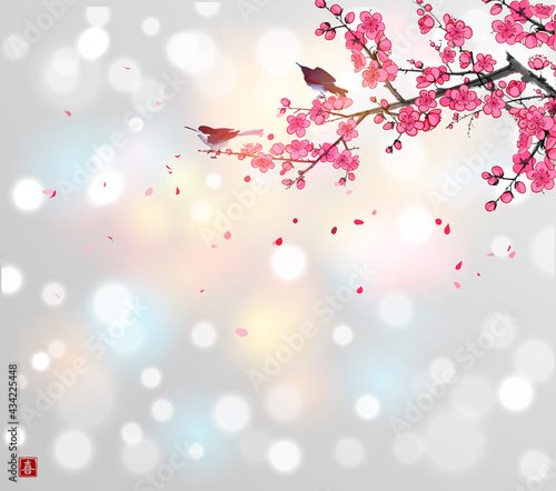 Two birds on blossoming sakura tree branch on white glowing background. Traditional oriental ink painting sumi-e, u-sin, go-hua. Hieroglyph - joy