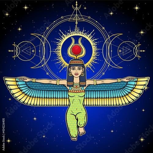 Animation color portrait: sitting winged goddess Isis with horns In glow of the sun. Sacred geometry. Background - night star sky. Vector illustration. Print, poster, t-shirt, tattoo.