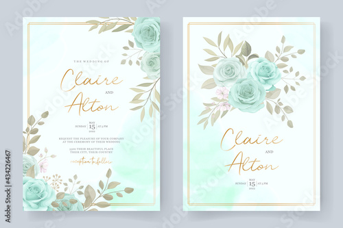 Elegant wedding invitation template with turquoise color floral ornament