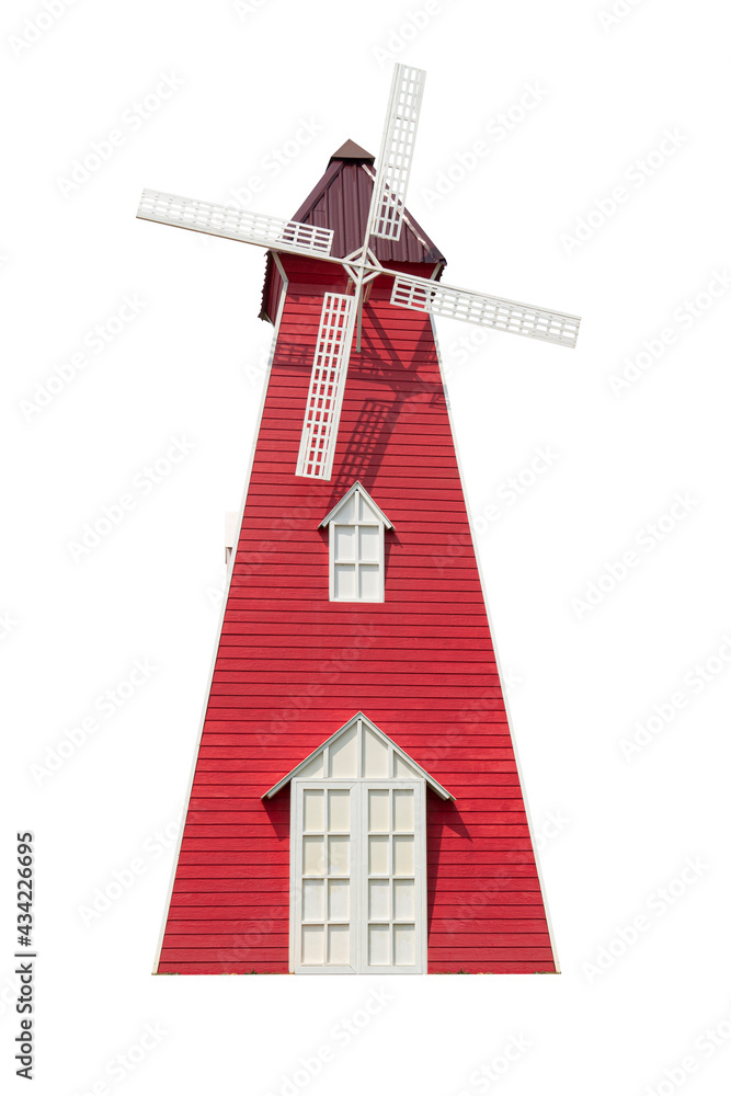 Windmill house made of wood The structure is red mixed with white. on isolated white background with clipping path. Windmill house made of wood The structure is red mixed with white. on isolated white background with clipping path.