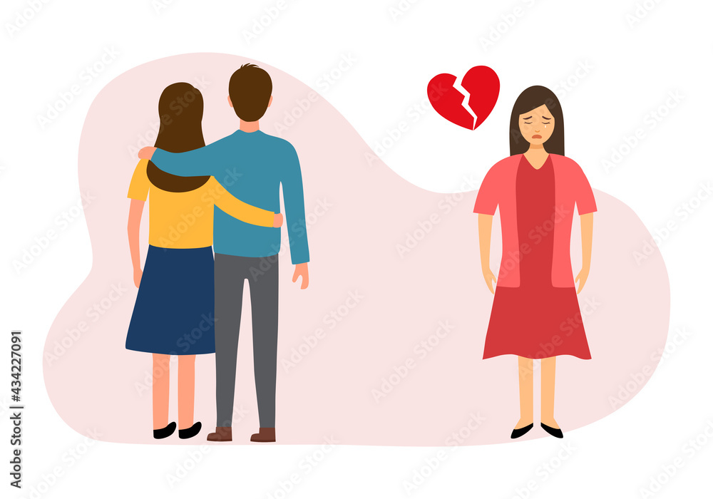 Sad woman with broken heart standing with happy loving couple. Sorrow and loneliness emotion. Sad woman with broken heart standing with happy loving couple. Sorrow and loneliness emotion.