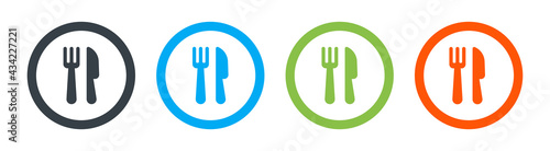 Plate, fork and knife icon set. Vector illustration