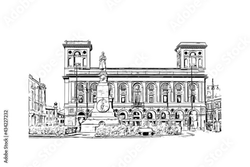 Building view with landmark of Forli is a city in Italy. Hand drawn sketch illustration in vector. photo