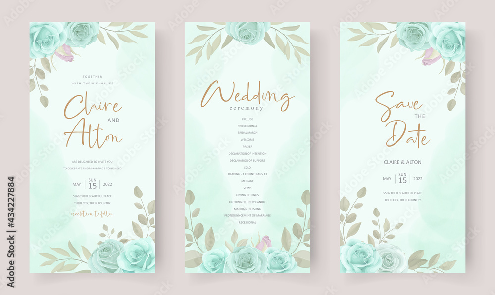 Obraz premium Elegant wedding invitation template with turquoise color floral ornament