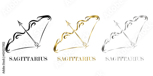 Line vector logo of bow and arrow It is sign of Sagittarius zodiac three are three color black gold silver