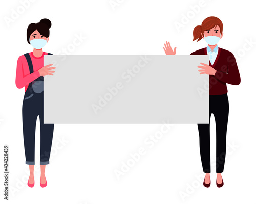 Young businesswoman characters wearing business outfit fabric mask holding blank board placard together isolated waving