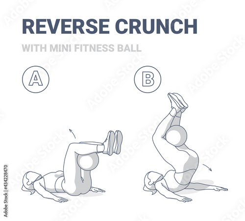Girl Doing Reverse Crunch with Fit or Medicine Ball Home Workout Exercise Guidance Illustration.