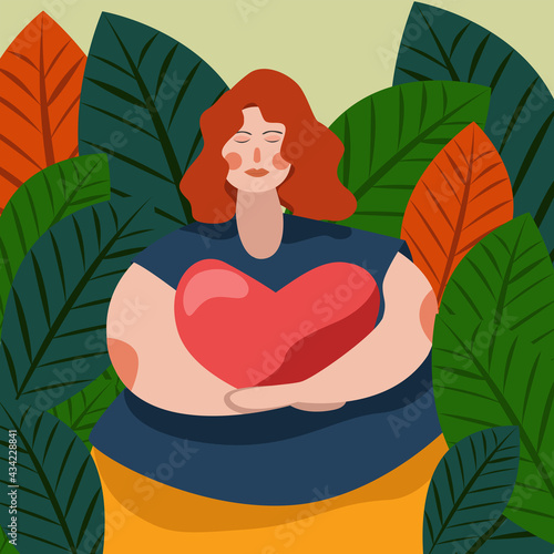 women character hug a heart shape in the middle of folliage, self love campaign poster illustration