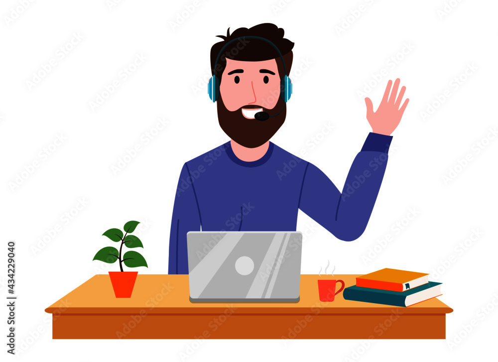 Young beautiful businessman a character wearing business outfit headphone setting on desk with laptop coffee plant books and waving