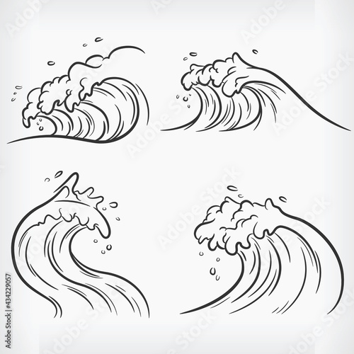 Doodle Ocean Wave Handdrawn Outline Sketch Beach Vector Drawing