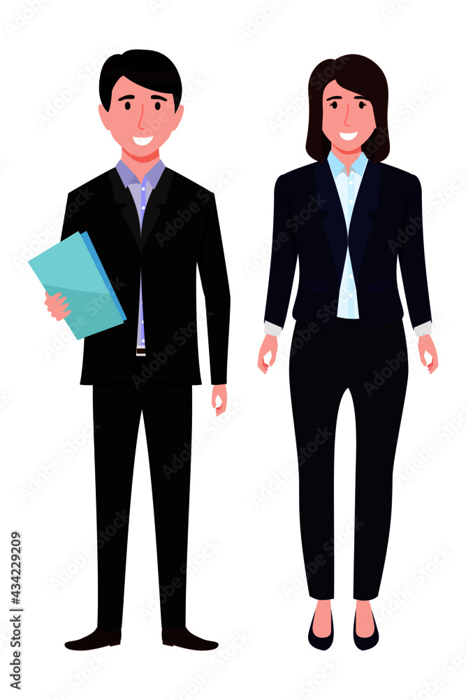 Young beautiful businessman and businesswoman character wearing business outfit standing with files