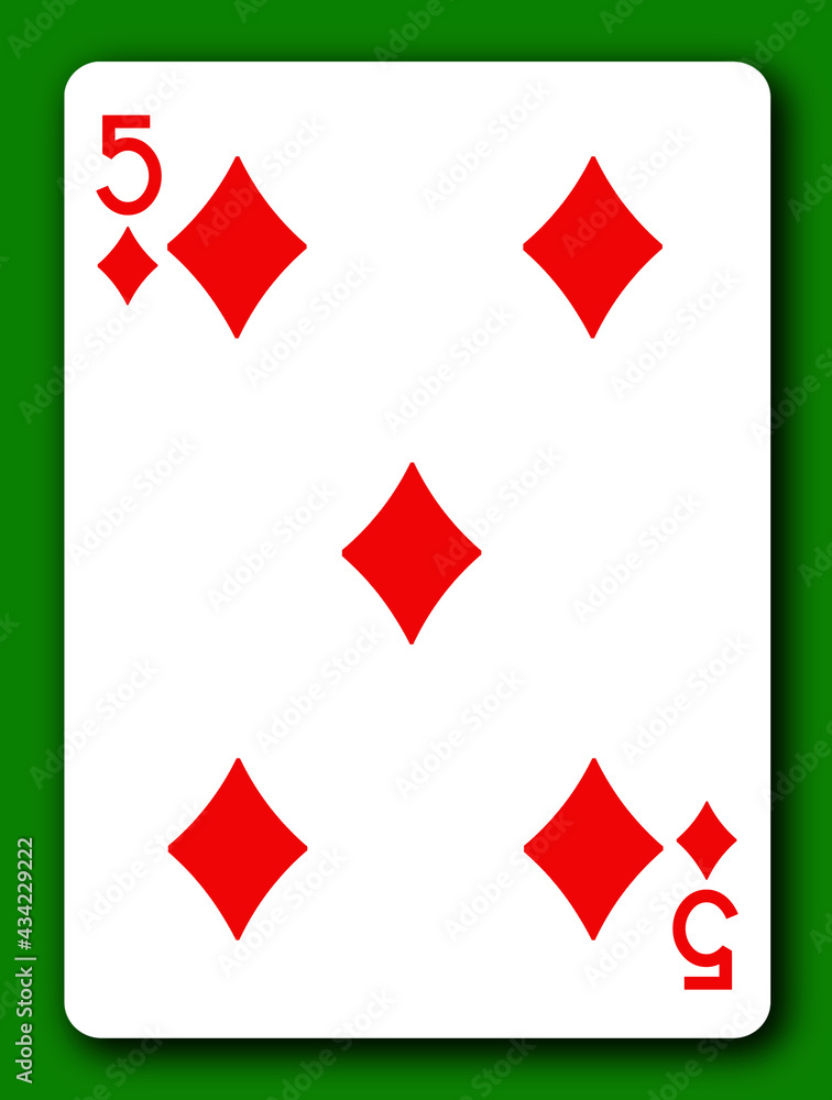 5 Five of Diamonds playing card with clipping path to remove background and shadow 3d illustration