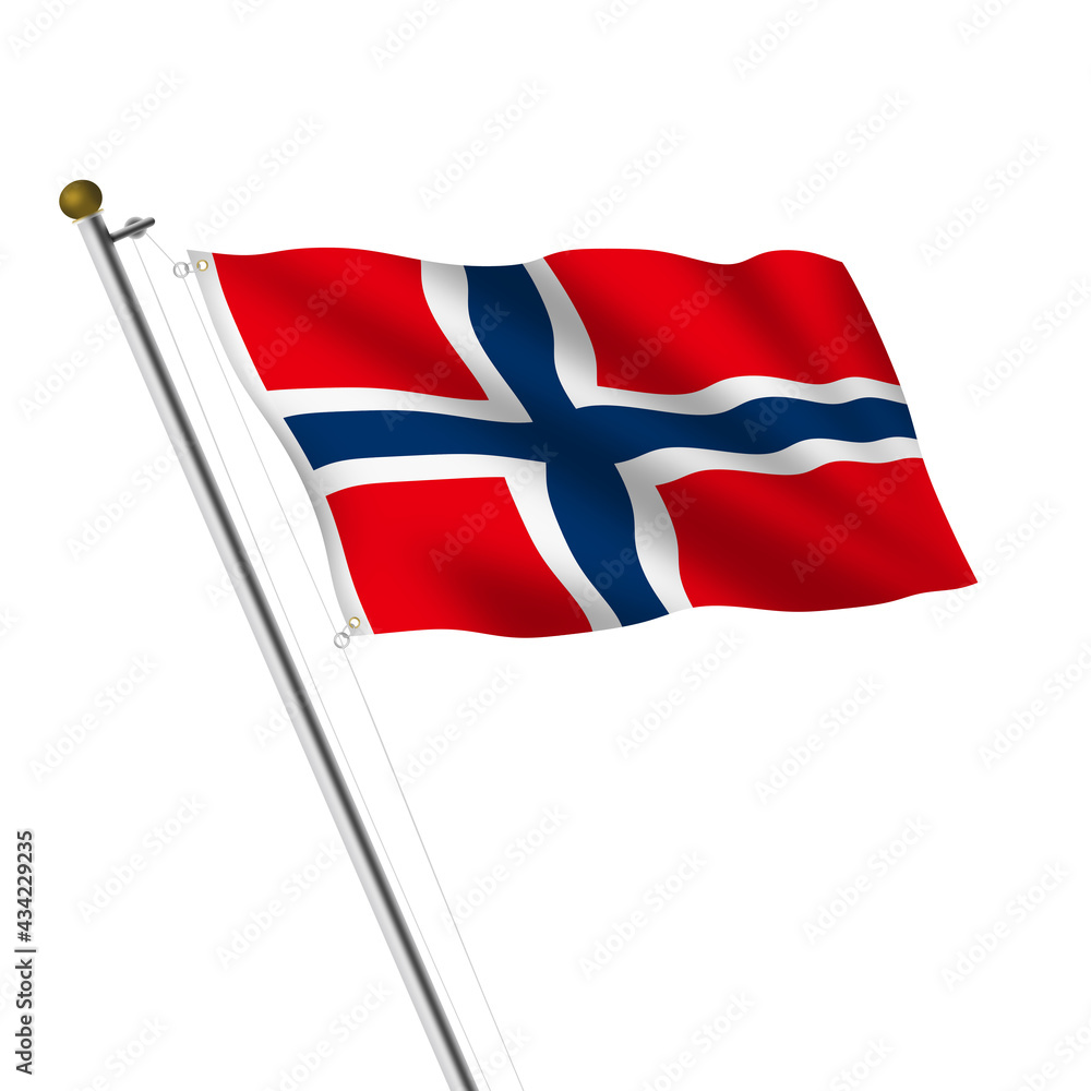 Norway flagpole 3d illustration on white with clipping path