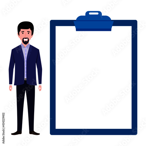Young beautiful businessman a character wearing business outfit standing with blank clipboard
