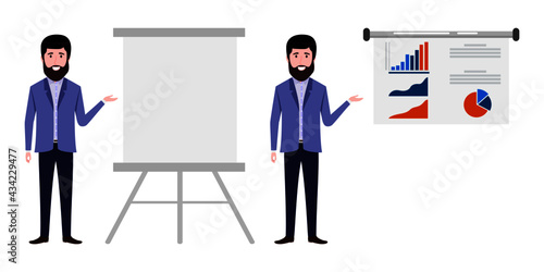 Young beautiful businessman a character wearing business outfit standing with blank and sales presentation board and pointing