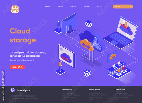 Cloud storage isometric landing page. Internet hosting provider, data storage service isometry concept. Secure cloud storage, database system flat web page. Vector illustration with people characters.