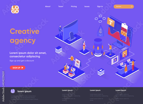 Creative agency isometric landing page. Creative design workshop isometry concept. Professional branding, creativity and ideas visualization flat web page. Vector illustration with people characters.