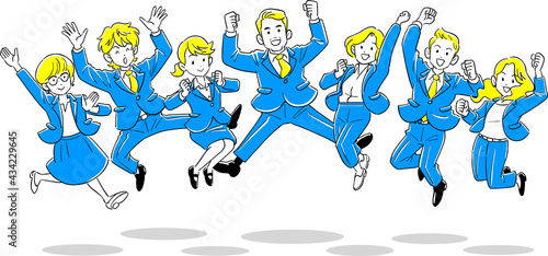 上司を中心にジャンプする7人のビジネスチーム
