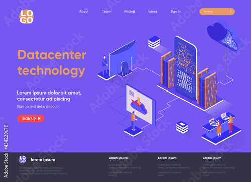 Data center technology isometric landing page. Internet hosting service isometry concept. Data center computing and networking equipment flat web page. Vector illustration with people characters.
