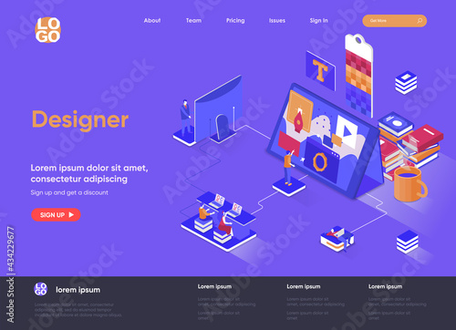 Designer isometric landing page. Website development, UI UX design isometry concept. Professional branding, creativity and ideas visualization flat web page. Vector illustration with people characters