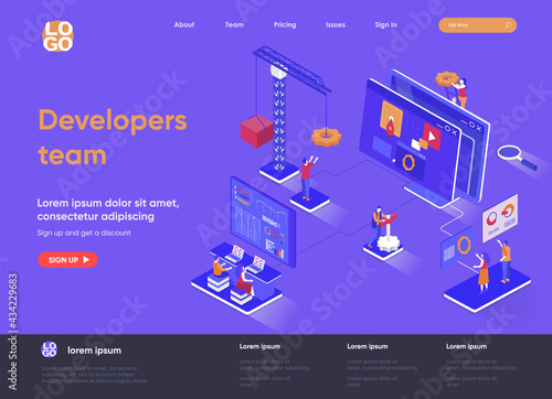 Developers team isometric landing page. Full stack software development company isometry concept. App engineering, programming and testing flat web page. Vector illustration with people characters.