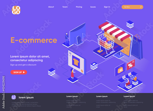 E-commerce isometric landing page design. Online shopping marketplace isometry concept. Retail distribution, order and delivery application flat web page. Vector illustration with people characters.