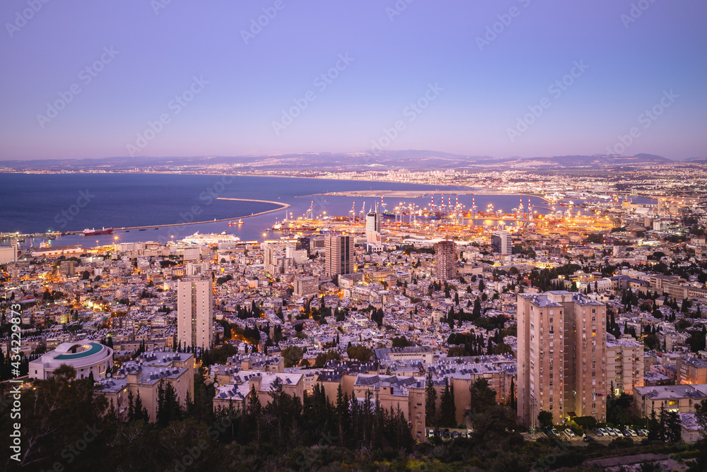 aerial view of haifa and port in israel at dusk