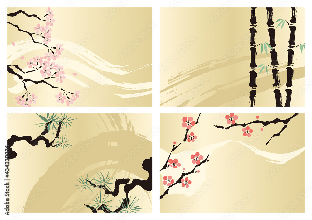 和風 松 竹 梅 桜 墨 かわいい 金色 背景 イラスト 素材セット Stock Vektorgrafik Adobe Stock