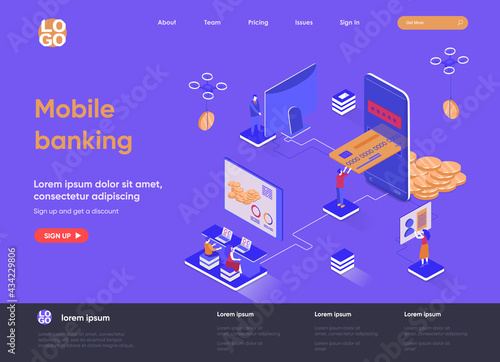 Mobile banking isometric landing page. Smart finance app, money transactions and payments isometry concept. Digital wallet mobile application flat web page. Vector illustration with people characters.