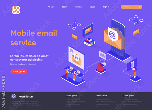 Mobile email service isometric landing page. Email smartphone app, social network messaging isometry concept. Online people communication software web page. Vector illustration with people characters.