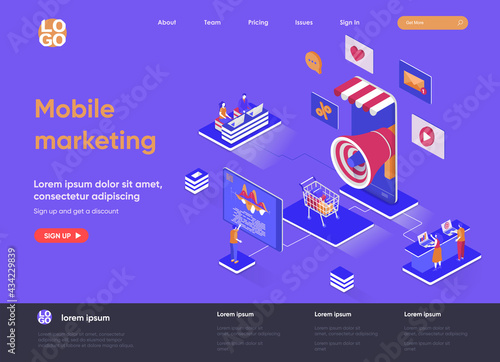 Mobile marketing agency isometric landing page. Targeting marketing campaign isometry concept. Mobile platform for advertising and promotion flat web page. Vector illustration with people characters.