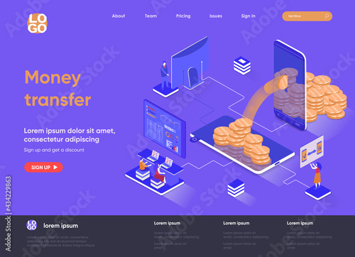 Money transfer isometric landing page. Internet banking mobile application isometry concept. Online money transaction and payment service flat web page. Vector illustration with people characters.