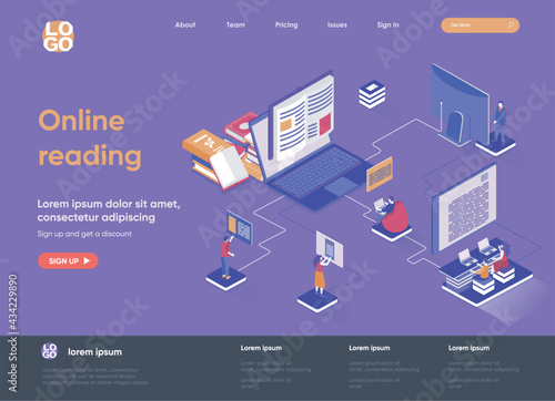 Online reading isometric landing page. Distance education and knowledge isometry concept. E-book reading application, online library service flat web page. Vector illustration with people characters.
