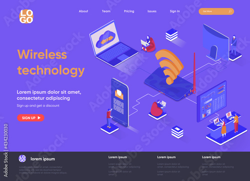 Wireless technology isometric landing page. WiFi network communication, Internet sharing isometry concept. Various gadgets network connection flat web page. Vector illustration with people characters.