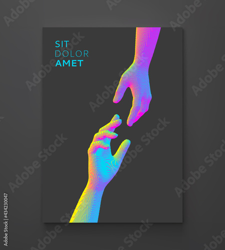 Hands reaching towards each other. Concept of human relation, togetherness or  partnership. Pixel cube art. 3D vector illustration. Can be used for advertising, marketing or presentation.