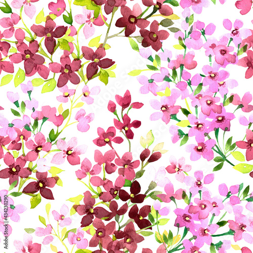 Wallpaper Mural Beautiful hand drawn seamless repeated pattern with summer bouquets of small pink and burgundy flowers and twigs on a white background Torontodigital.ca